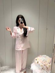 Đồ bộ ngủ nữ pyjama lụa Shury Store Home Wear TD07 tay dài quần dài hoạ tiết in chìm mặc nhà mềm mát