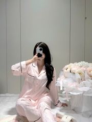 Đồ bộ ngủ nữ pyjama lụa Shury Store Home Wear TD07 tay dài quần dài hoạ tiết in chìm mặc nhà mềm mát