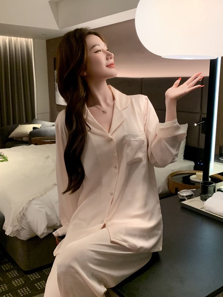 Bộ pyjama lụa tay dài quần dài phối ren Shury Store Home Wear TD74 gam màu pastel mềm mịn mặc nhà