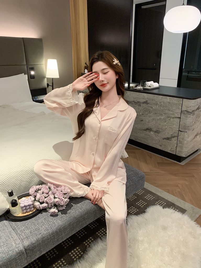 Bộ pyjama lụa tay dài quần dài phối ren Shury Store Home Wear TD74 gam màu pastel mềm mịn mặc nhà