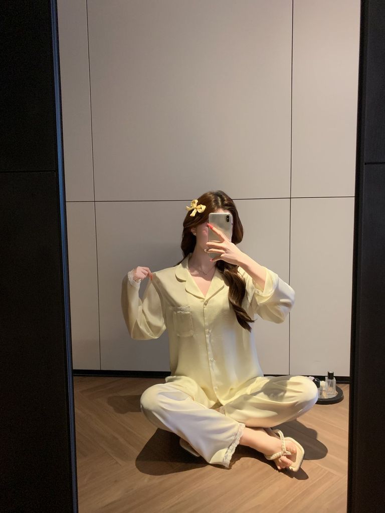 Bộ pyjama lụa tay dài quần dài phối ren Shury Store Home Wear TD74 gam màu pastel mềm mịn mặc nhà