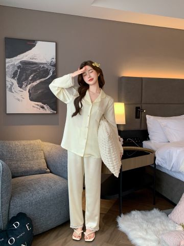 Bộ pyjama lụa tay dài quần dài phối ren Shury Store Home Wear TD74 gam màu pastel mềm mịn mặc nhà