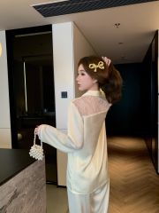 Bộ pyjama lụa tay dài quần dài phối ren Shury Store Home Wear TD74 gam màu pastel mềm mịn mặc nhà