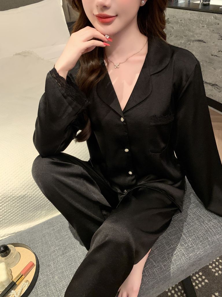 Bộ pyjama lụa tay dài quần dài phối ren Shury Store Home Wear TD74 gam màu pastel mềm mịn mặc nhà
