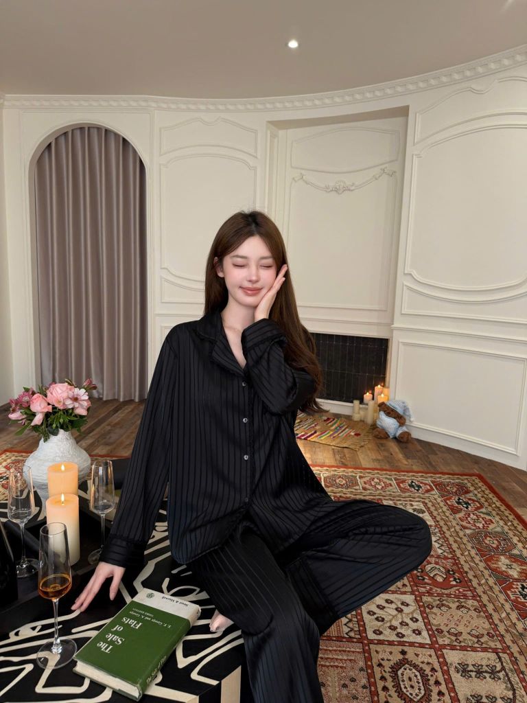 Đồ bộ ngủ nữ pyjama lụa Shury Store Home Wear TD83 tay dài quần dài bộ ngủ lụa pyjama sọc xuôi mềm