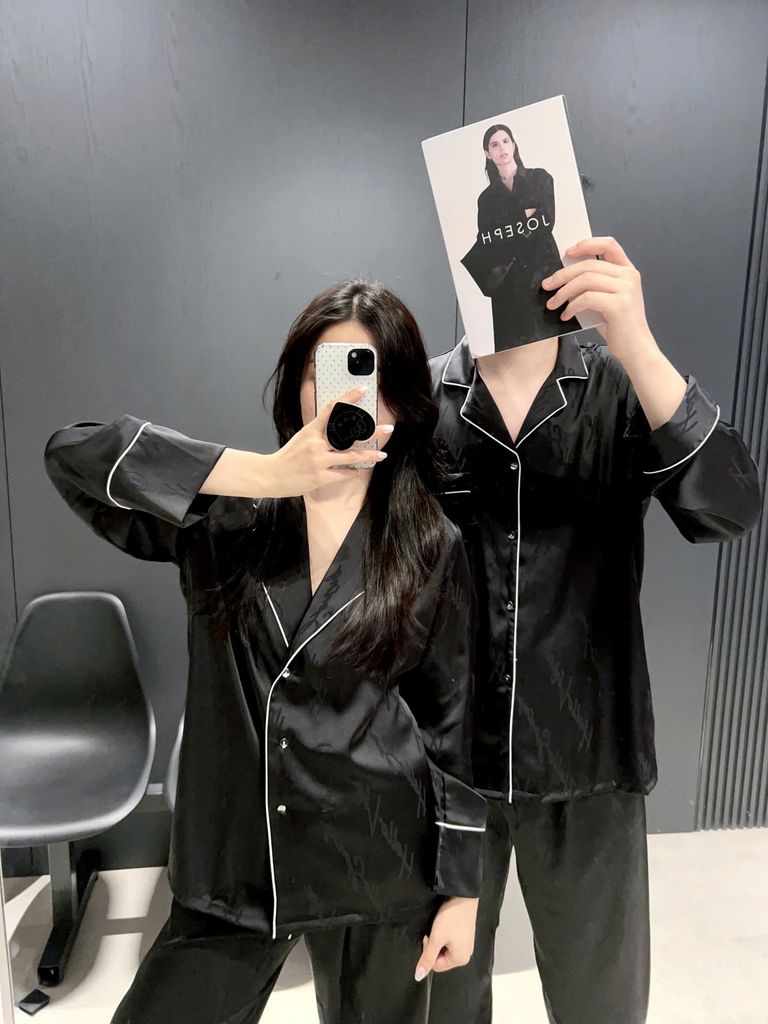 Đồ bộ ngủ pyjama nam nữ Shury Store Home Wear DD56 size 45-95kg trắng đen tay dài bộ đôi couple lụa