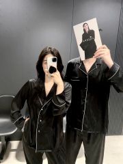 Đồ bộ ngủ pyjama nam nữ Shury Store Home Wear DD56 size 45-95kg trắng đen tay dài bộ đôi couple lụa