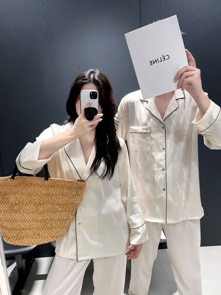 Đồ bộ ngủ pyjama nam nữ Shury Store Home Wear DD56 size 45-95kg trắng đen tay dài bộ đôi couple lụa