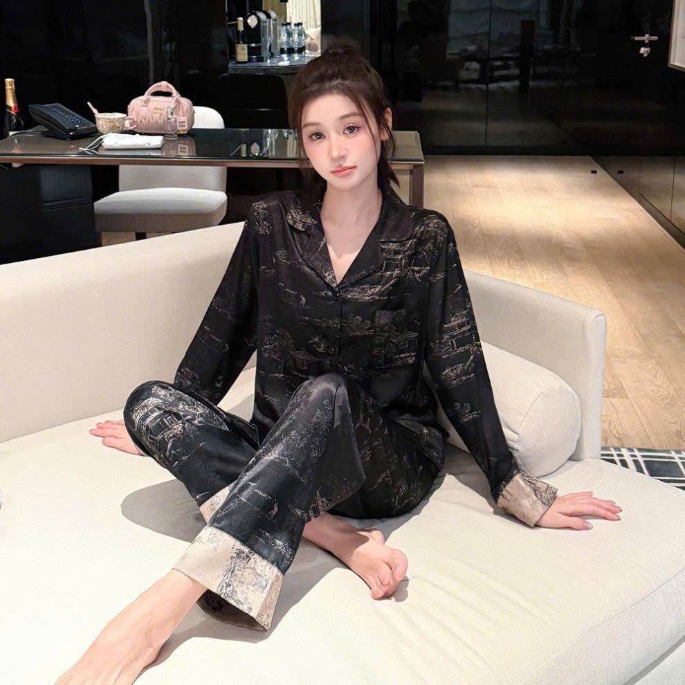 Đồ ngủ pyjama lụa nam nữ Shury Store Home Wear DD32 size 45-95kg tay dài quần dài  bộ đôi couple lụa