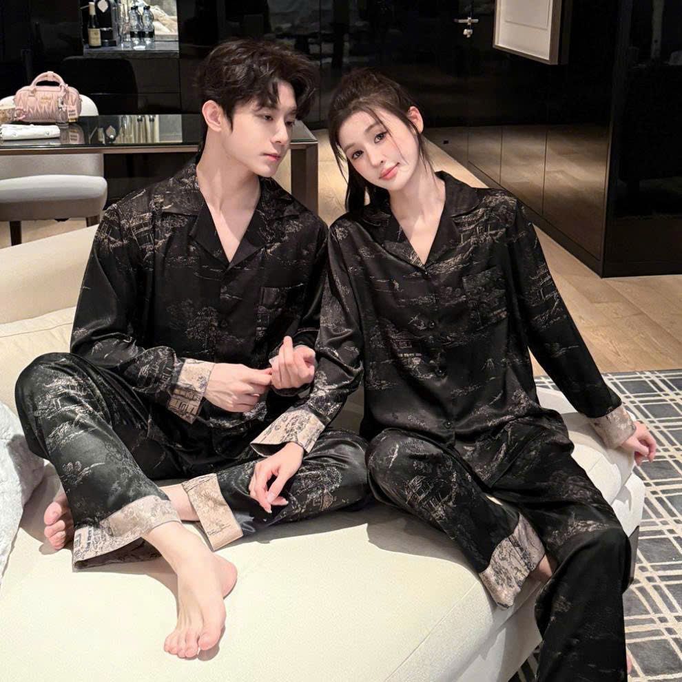 Đồ ngủ pyjama lụa nam nữ Shury Store Home Wear DD32 size 45-95kg tay dài quần dài  bộ đôi couple lụa