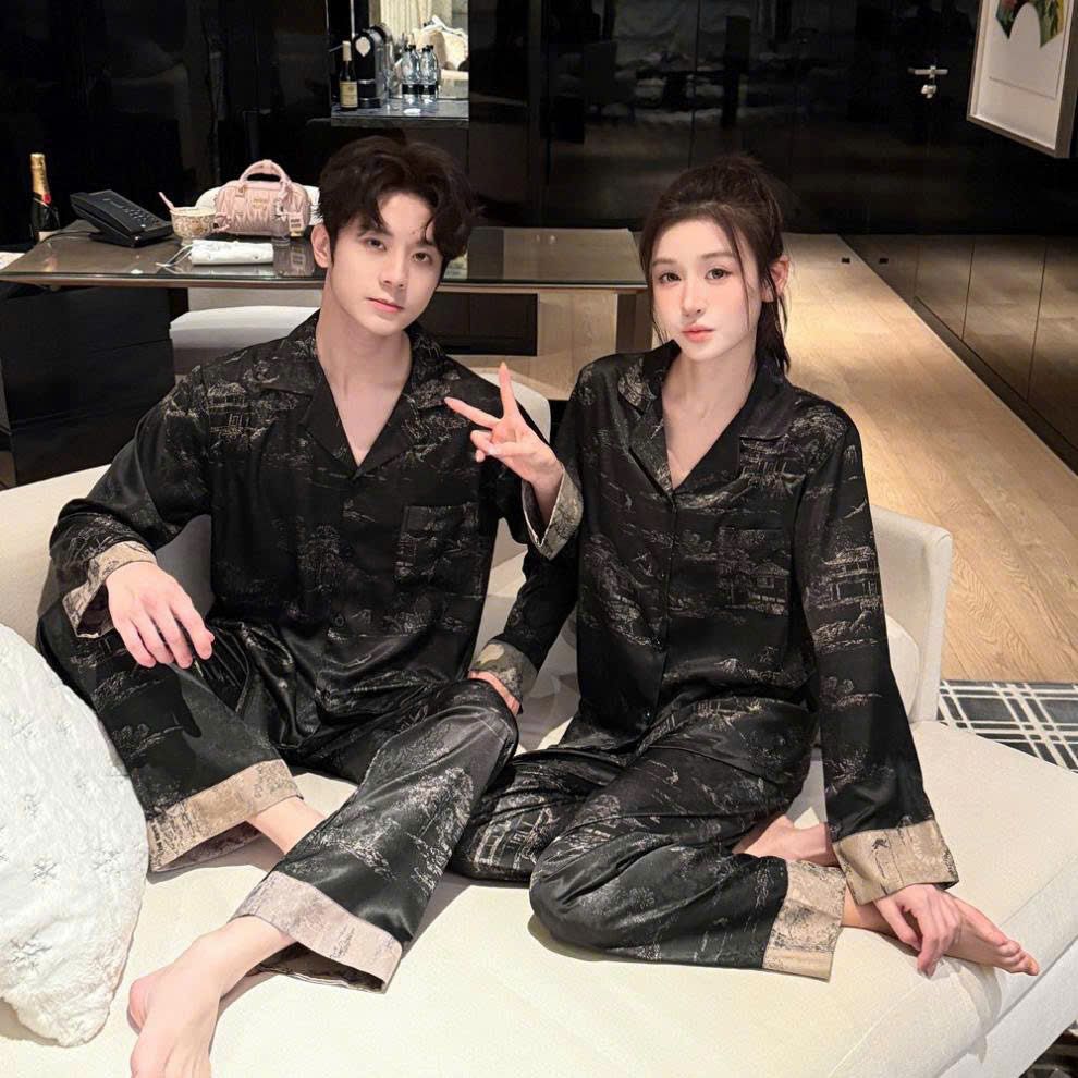 Đồ ngủ pyjama lụa nam nữ Shury Store Home Wear DD32 size 45-95kg tay dài quần dài  bộ đôi couple lụa