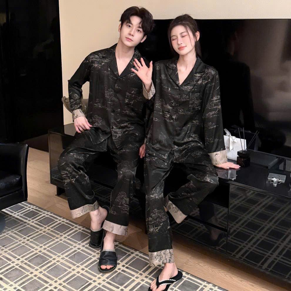 Đồ ngủ pyjama lụa nam nữ Shury Store Home Wear DD32 size 45-95kg tay dài quần dài  bộ đôi couple lụa