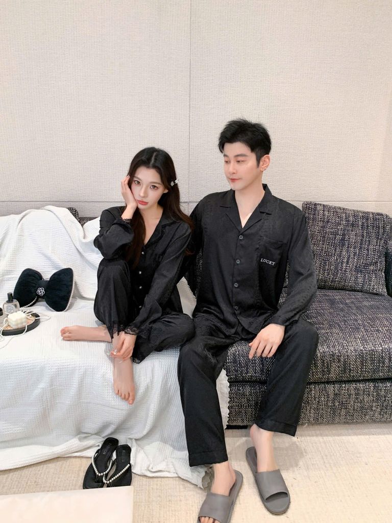Đồ ngủ pyjama lụa nam nữ Shury Store Home Wear DD17 size 45-95kg tay dài quần dài  bộ đôi couple lụa