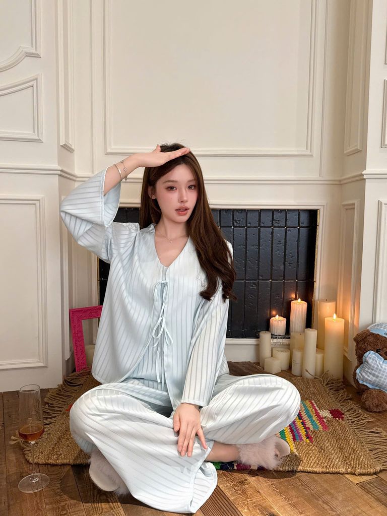 Đồ bộ ngủ nữ pyjama lụa Shury Store Home Wear TD78 set 3 món tay dài quần dài áo 2 dây có lót ngực