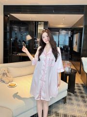 Váy ngủ lụa Shury Store Home Wear SM36 đầm sơ mi freesize in sọc pastel dài 90cm màu xanh hồng