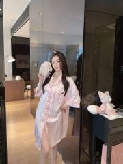 Váy ngủ lụa Shury Store Home Wear SM36 đầm sơ mi freesize in sọc pastel dài 90cm màu xanh hồng