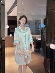 Váy ngủ lụa Shury Store Home Wear SM36 đầm sơ mi freesize in sọc pastel dài 90cm màu xanh hồng