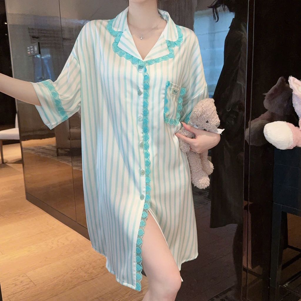 Váy ngủ lụa Shury Store Home Wear SM36 đầm sơ mi freesize in sọc pastel dài 90cm màu xanh hồng