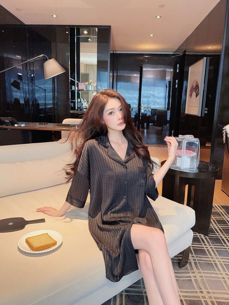 Váy ngủ sơmi lụa nữ Shury Store Home Wear SM29 freesize 45-75kg mặc suông rộng mềm mại thoáng mát
