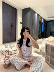Đồ bộ ngủ nữ pyjama lụa Shury Store Home Wear TN32 tay ngắn quần dài in hoạ tiết size 45-75kg mềm