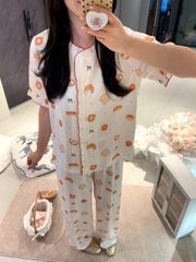 Đồ bộ ngủ nữ pyjama lụa Shury Store Home Wear TN25 tay ngắn quần dài in hoạ tiết size 45-75kg mềm