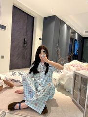Đồ bộ ngủ nữ pyjama lụa Shury Store Home Wear TN32 tay ngắn quần dài in hoạ tiết size 45-75kg mềm
