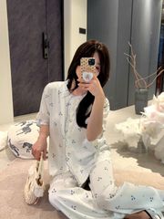 Đồ bộ ngủ nữ pyjama lụa Shury Store Home Wear TN32 tay ngắn quần dài in hoạ tiết size 45-75kg mềm