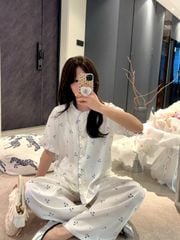Đồ bộ ngủ nữ pyjama lụa Shury Store Home Wear TN32 tay ngắn quần dài in hoạ tiết size 45-75kg mềm