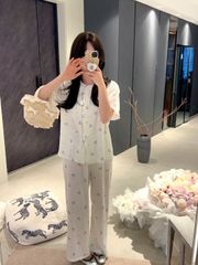 Đồ bộ ngủ nữ pyjama lụa Shury Store Home Wear TN32 tay ngắn quần dài in hoạ tiết size 45-75kg mềm
