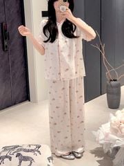 Đồ bộ ngủ nữ pyjama lụa Shury Store Home Wear TN25 tay ngắn quần dài in hoạ tiết size 45-75kg mềm