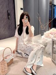 Đồ bộ ngủ nữ pyjama lụa Shury Store Home Wear TN25 tay ngắn quần dài in hoạ tiết size 45-75kg mềm