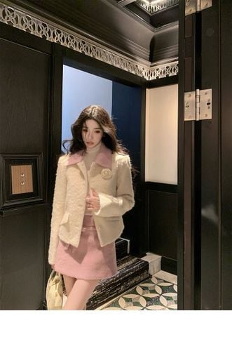 Set Dạ Chân Váy Hồng Áo Trắng