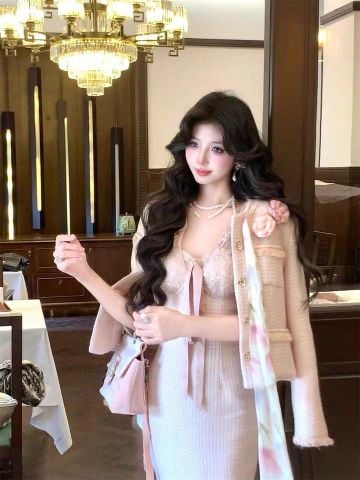 Đầm + Khoác Hồng Cao Cấp