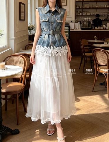 Set Áo Jeans Chân Váy Trắng