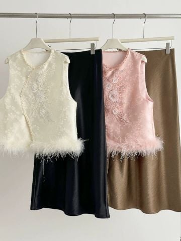 Áo Hồng ,Trắng Viền Lông