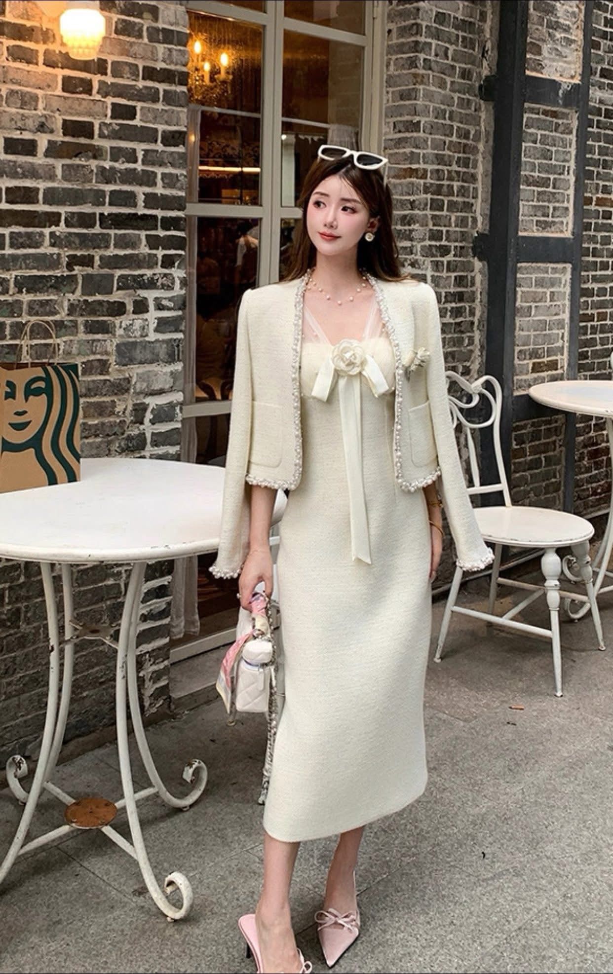 Set Đầm Khoác Kem