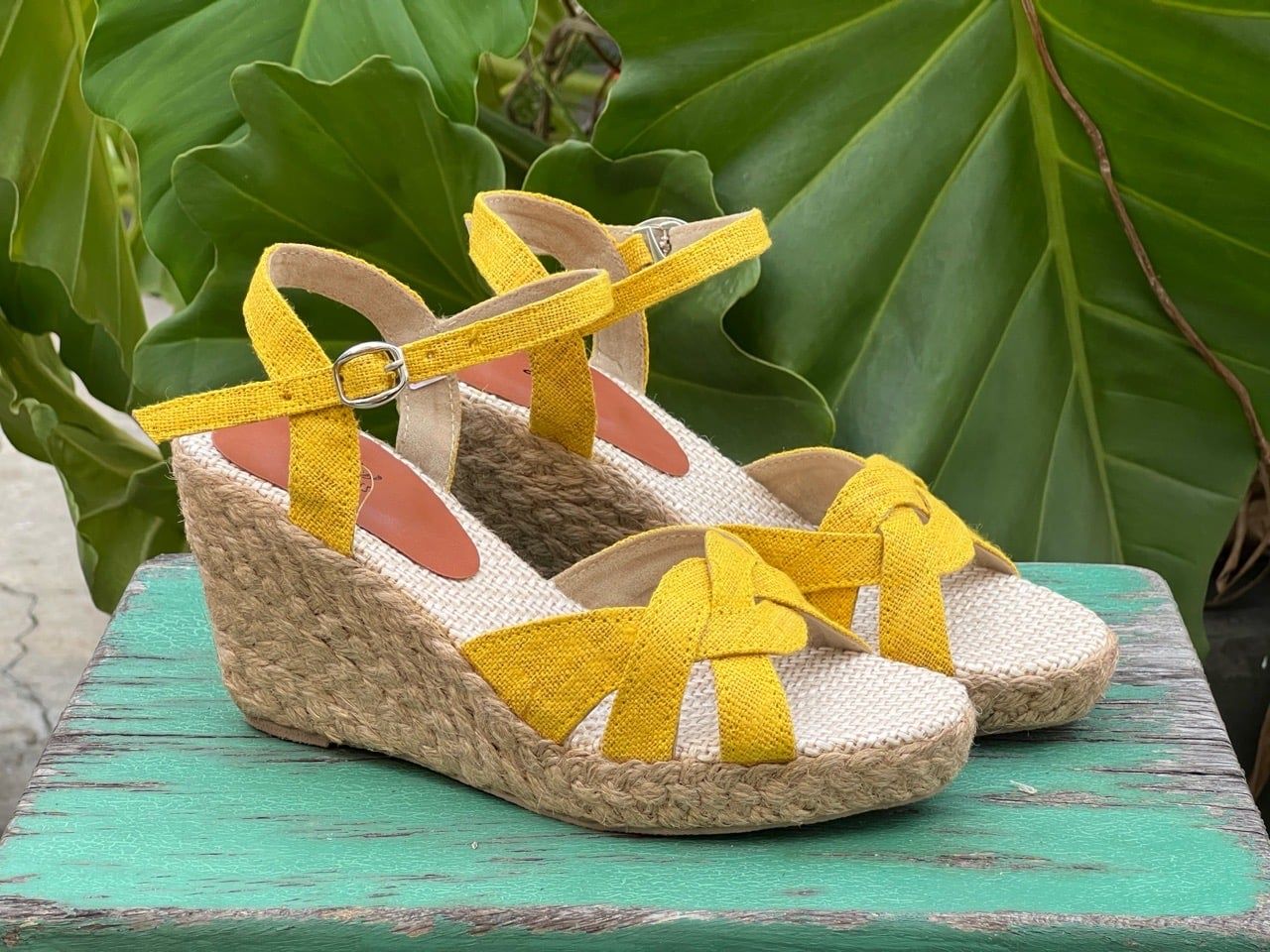THANH ĐIỀN - Sandal Cói Đế Xuồng Quai Đan Họa Tiết Phối Vải Hemp 9cm