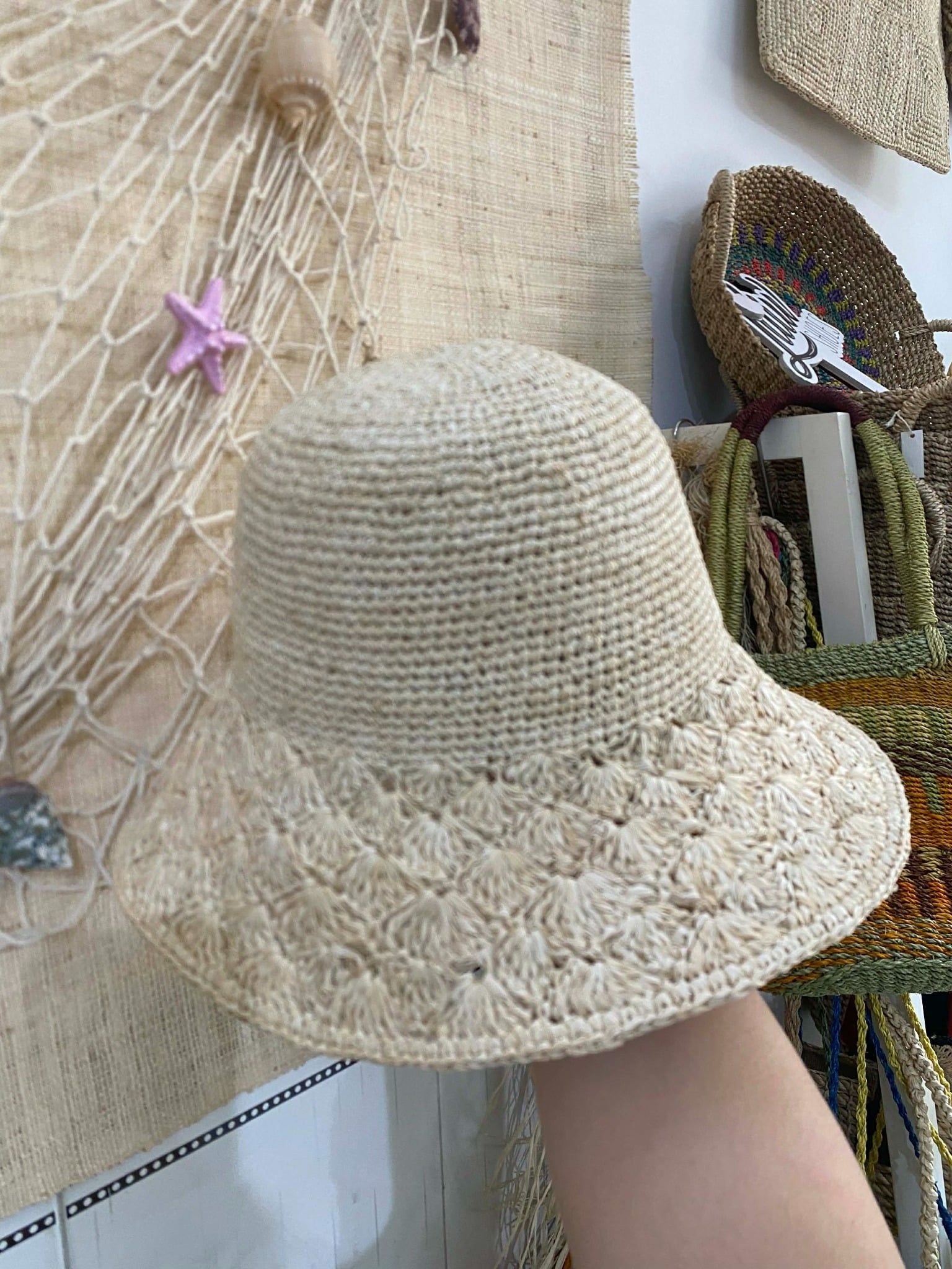Nón Móc Thủ Công Sợi Cọ Raffia Tự Nhiên Vành 8cm - CAM LÂM 8