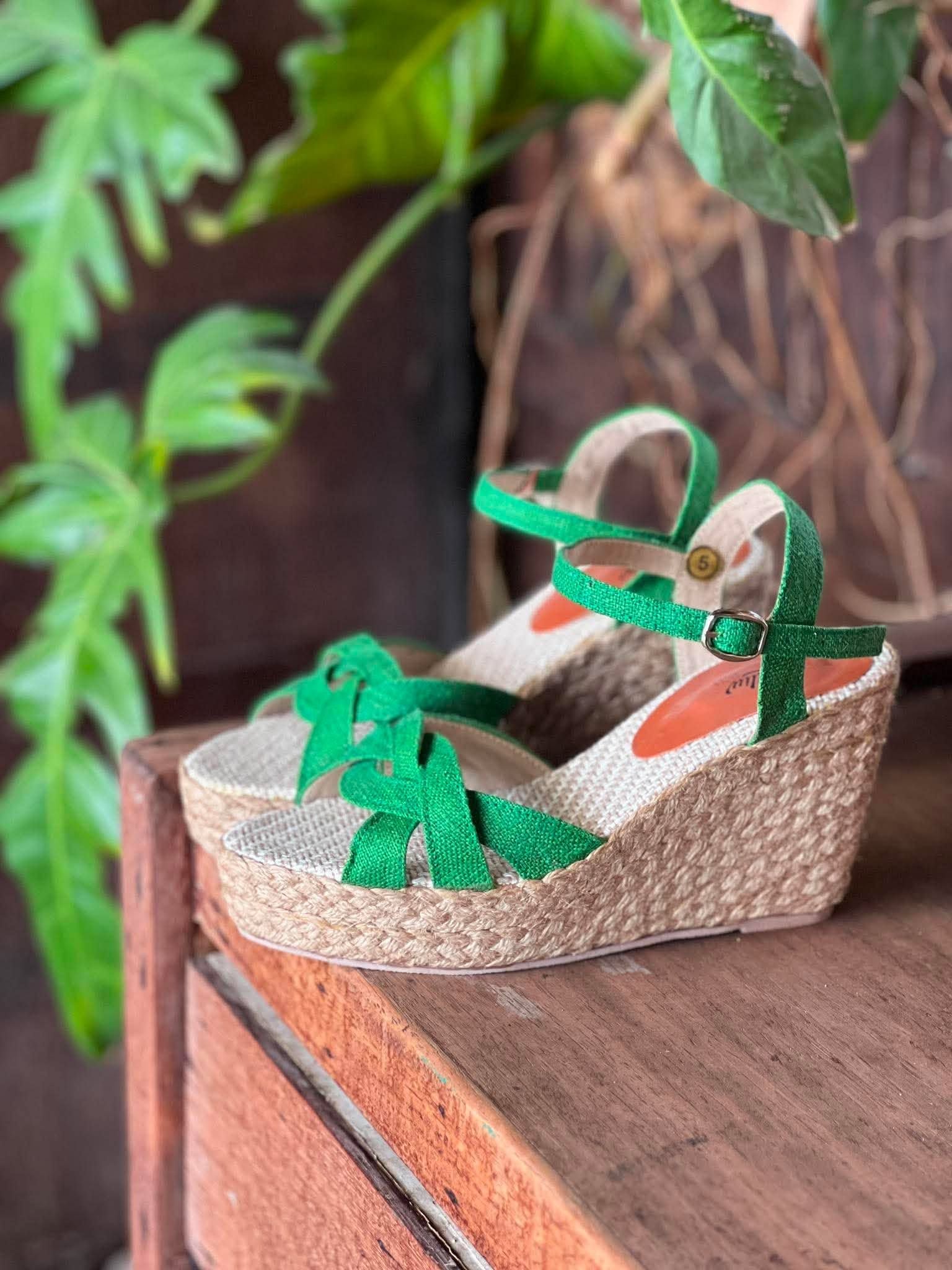 THANH ĐIỀN - Sandal Cói Đế Xuồng Quai Đan Họa Tiết Phối Vải Hemp 9cm