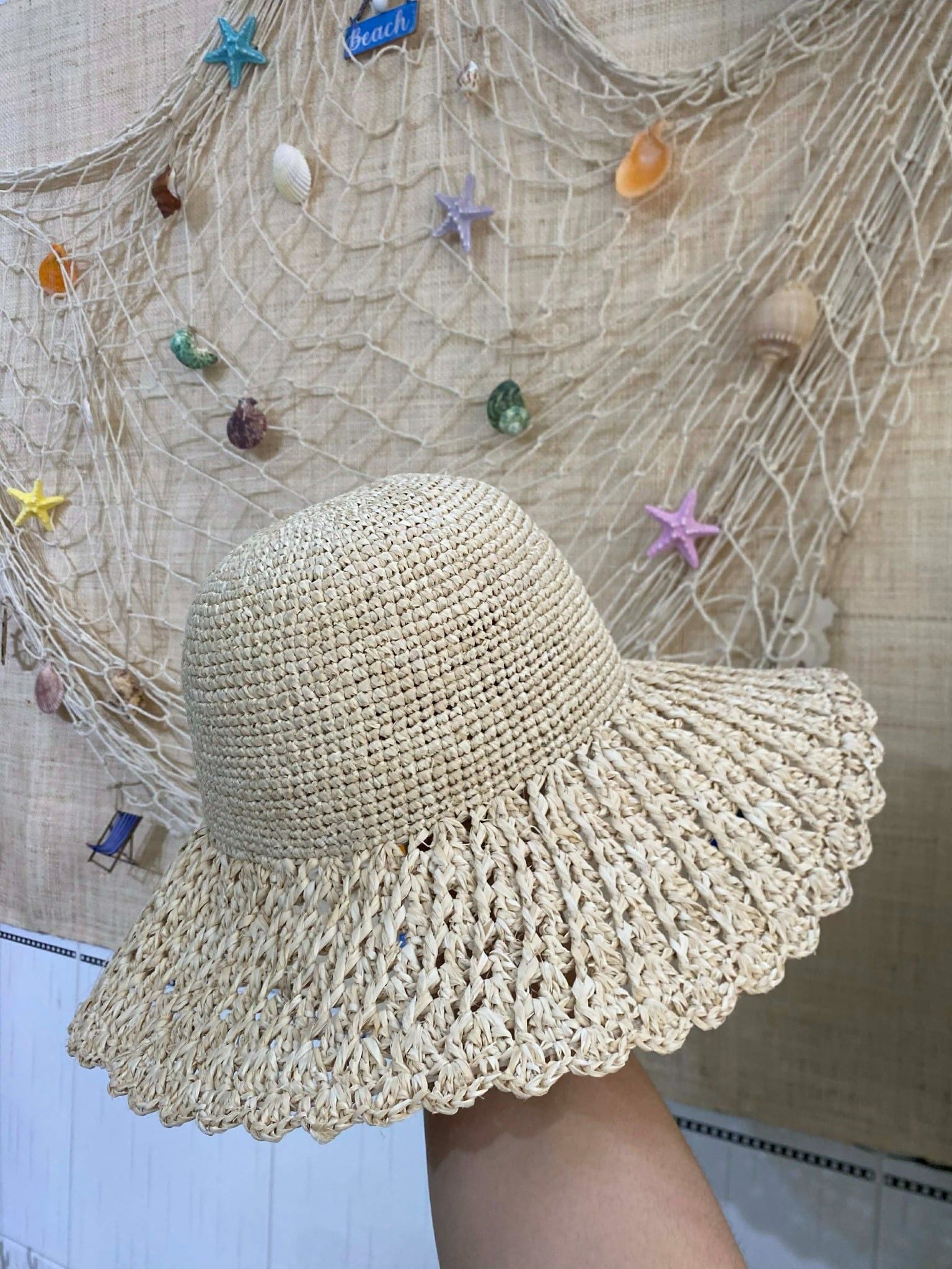 Nón Móc Thủ Công Sợi Cọ Raffia Tự Nhiên Vành 8cm - CAM LÂM 8
