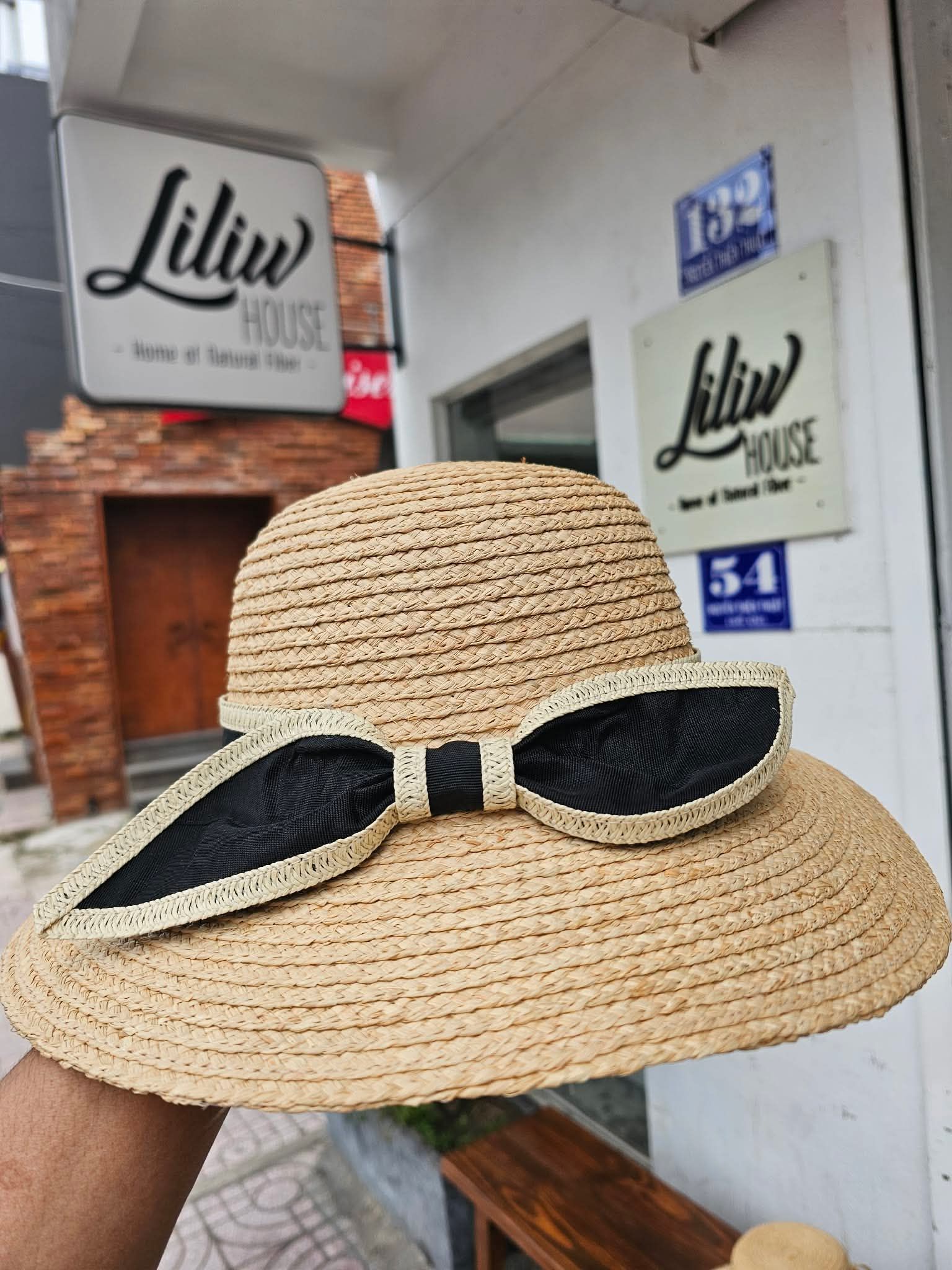 Nón Cói Raffia Chóp Tròn Vành 9cm - NƠ ĐEN