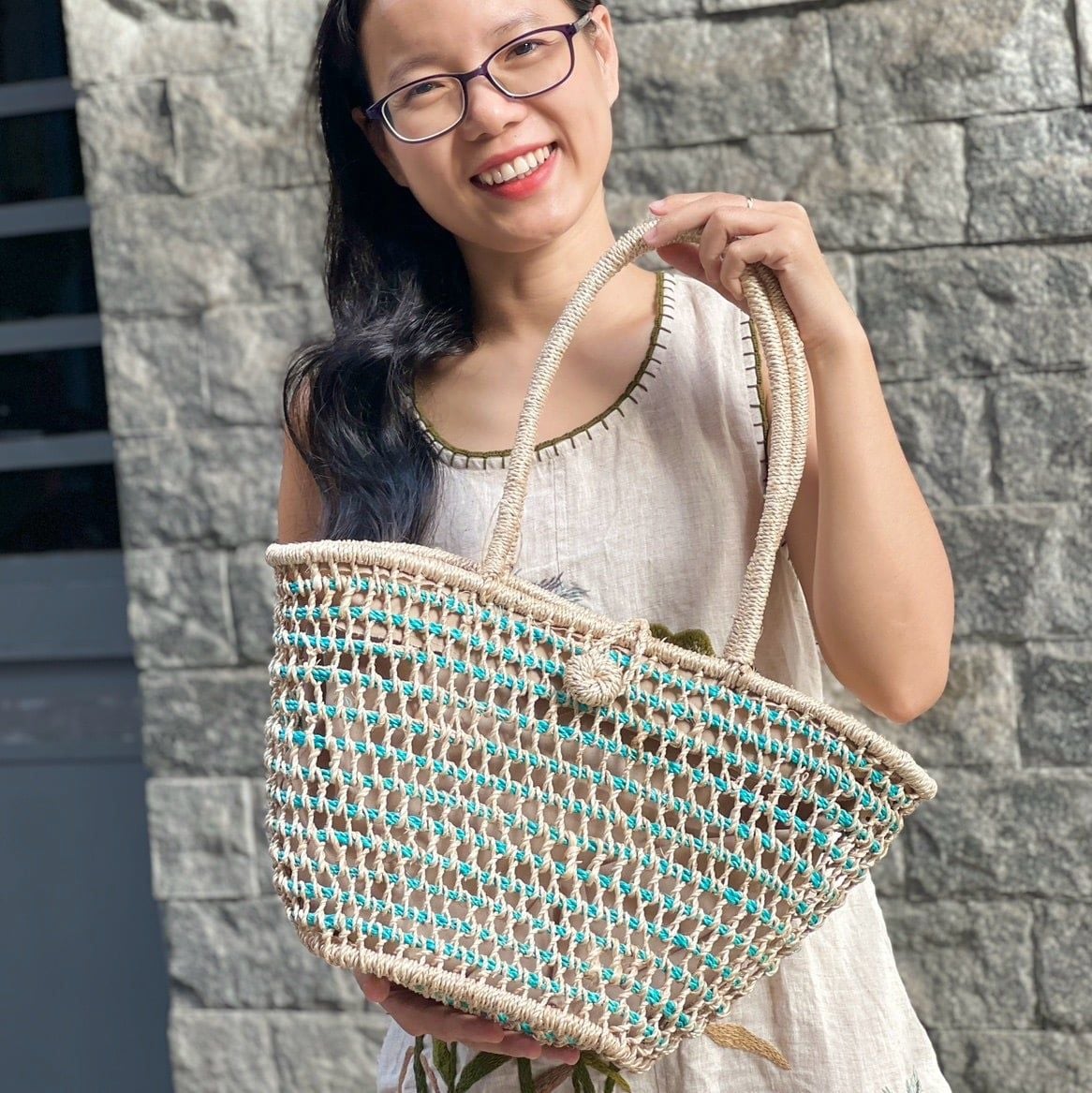 ĐỒNG TIỀN NGŨ SẮC - Túi Tote Cói Abaca Móc Macrame Cỡ Lớn