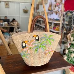 Túi Cói Abaca Xách Tay Hình Thang Thêu Tranh Raffia - CÂY DỪA