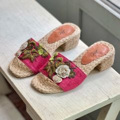 TUYẾT ANH - Giày Cói Phối Vải Hemp Màu Hồng Thêu Hoa Trắng