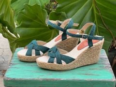 THANH ĐIỀN - Sandal Cói Đế Xuồng Quai Đan Họa Tiết Phối Vải Hemp 9cm
