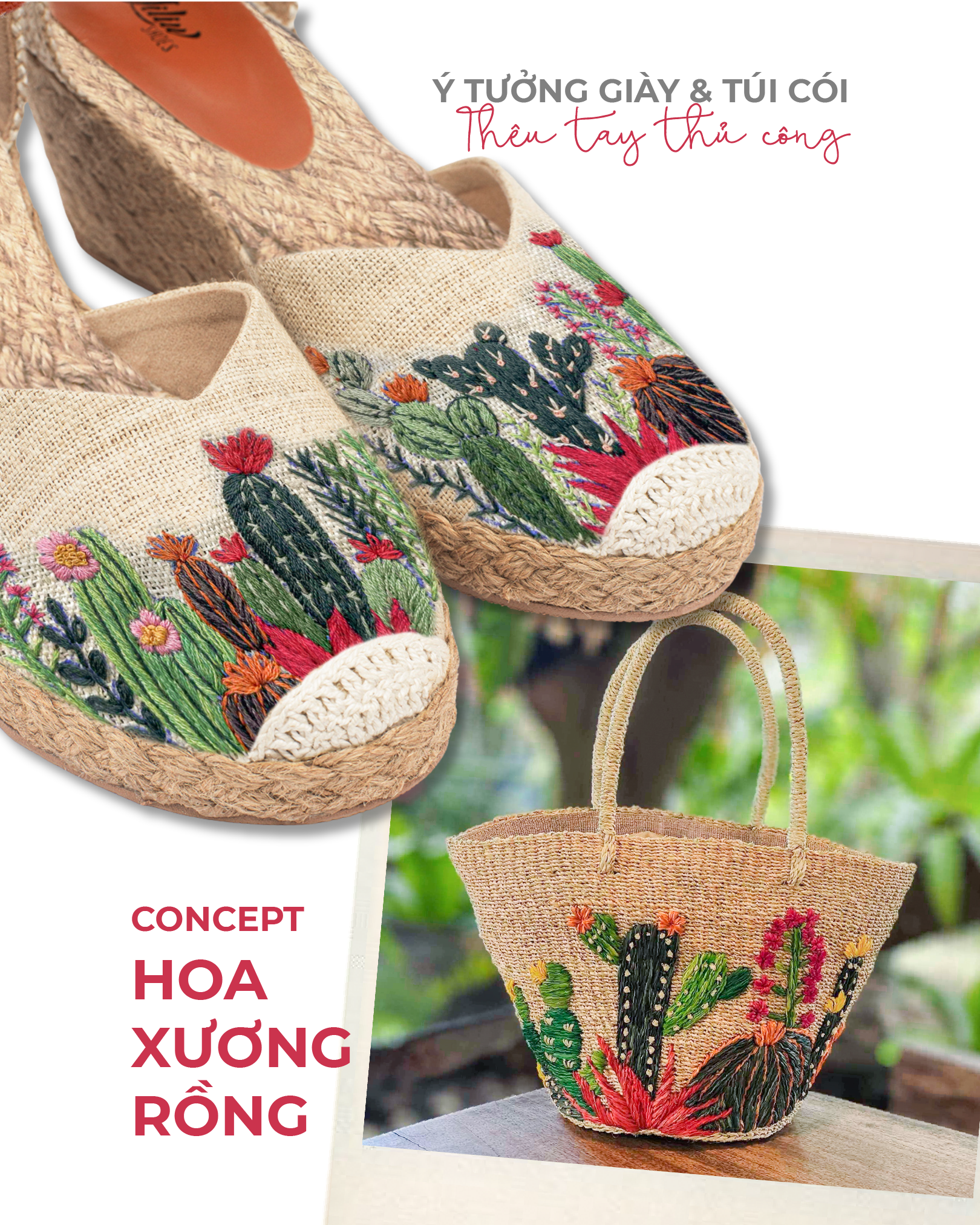 HOA XƯƠNG RỒNG - Giày Cói Kín Mũi Phối Vải Hemp Thêu Tranh