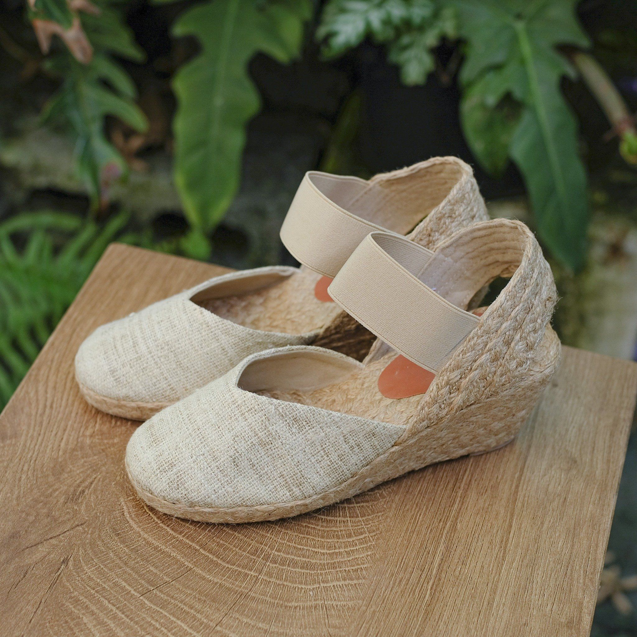 MỘC BÌNH - Đế Xuồng Cói Phối Vải Hemp Kín Mũi Quai Thun 6cm