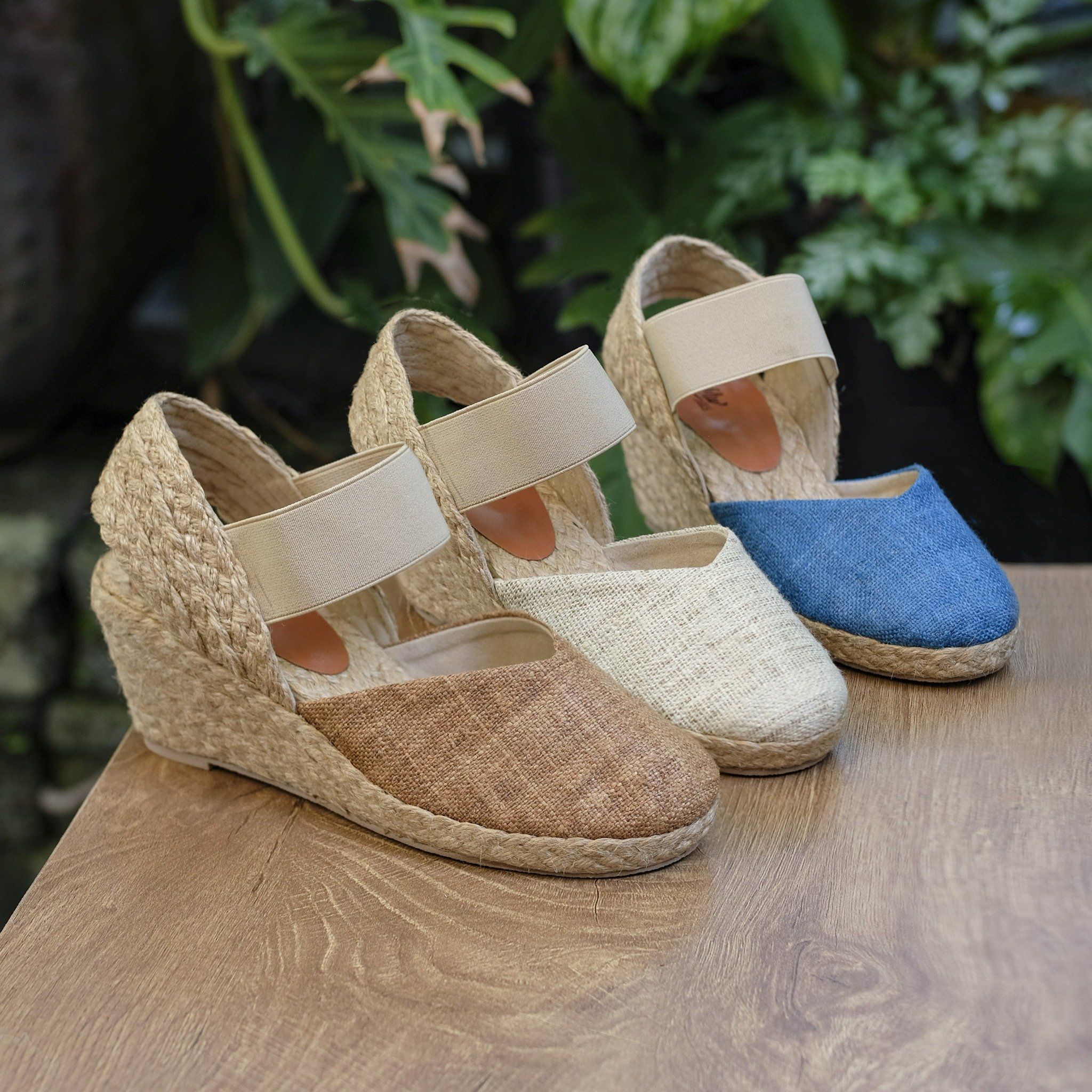 MỘC BÌNH - Đế Xuồng Cói Phối Vải Hemp Kín Mũi Quai Thun 6cm