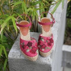 HƯƠNG GIANG - Giày Cói Kín Mũi Phối Vải Hemp Màu TÍM Thêu Hoa