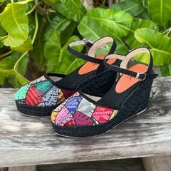 MOSAIC - Đế Xuồng Cói Đen Thêu Ghép Vải Thổ Cẩm Gót Mảnh 8cm